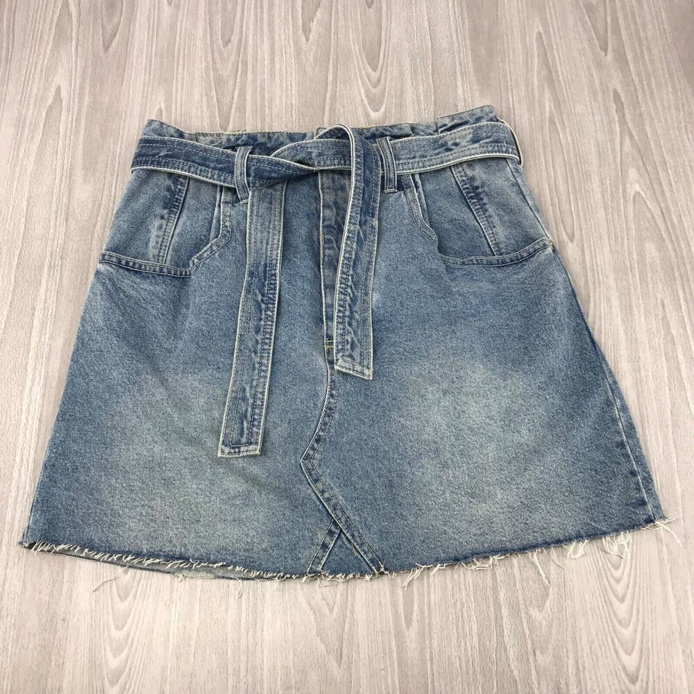 We The Free Thirty 30 Blue Mini Skirt Belted Button-Fly Pockets Raw‎ Hem